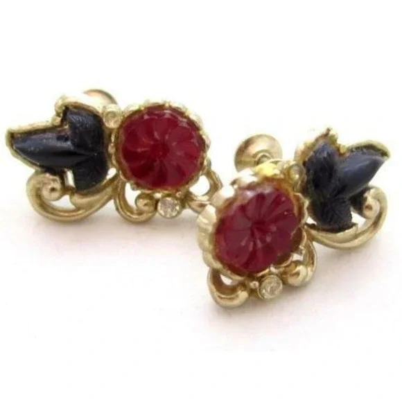 Vintage Designer Signed Older Coro Red & Black Glass Flowers SB Earrings - Picture 1 of 5